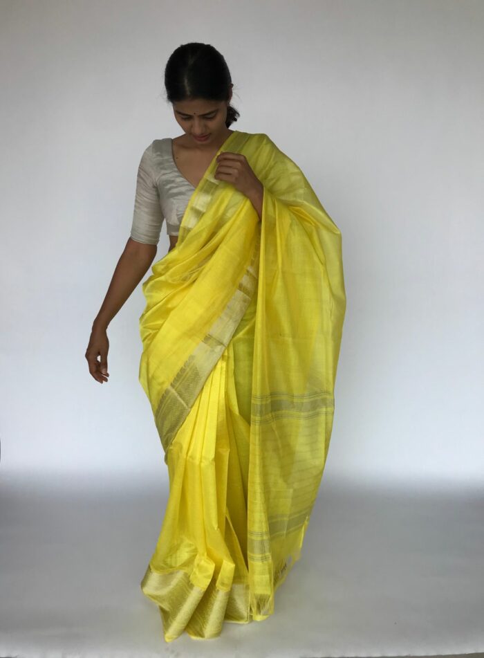 Yellow Mangalagiri Silk Saree with Silver Zari Weaves
