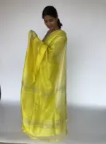 Yellow Mangalagiri Silk Saree with Silver Zari Weaves - Image 3