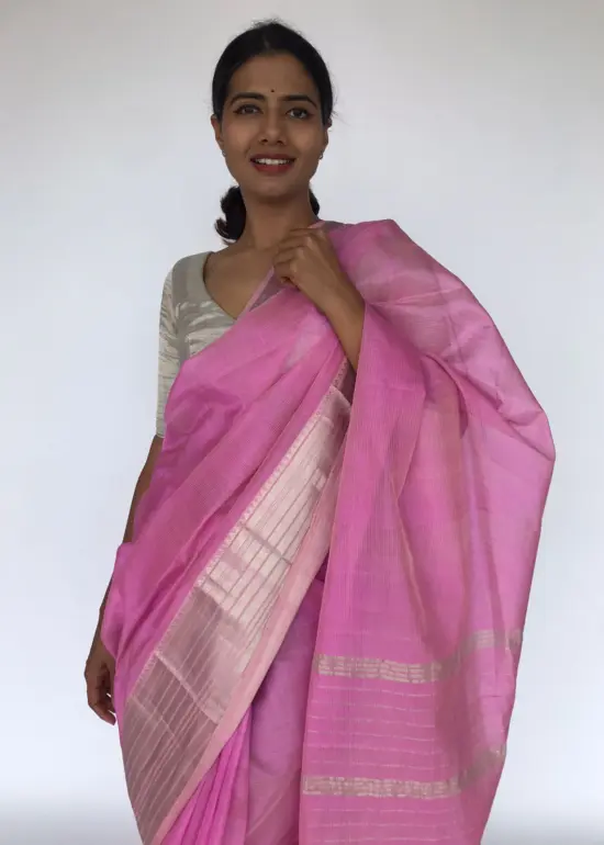 Baby Pink Mangalagiri Silk Saree with Silver Zari Weaves