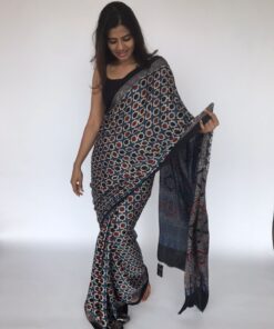 Blue Pure Modal Silk Saree with Ajrakh Hand Block Prints
