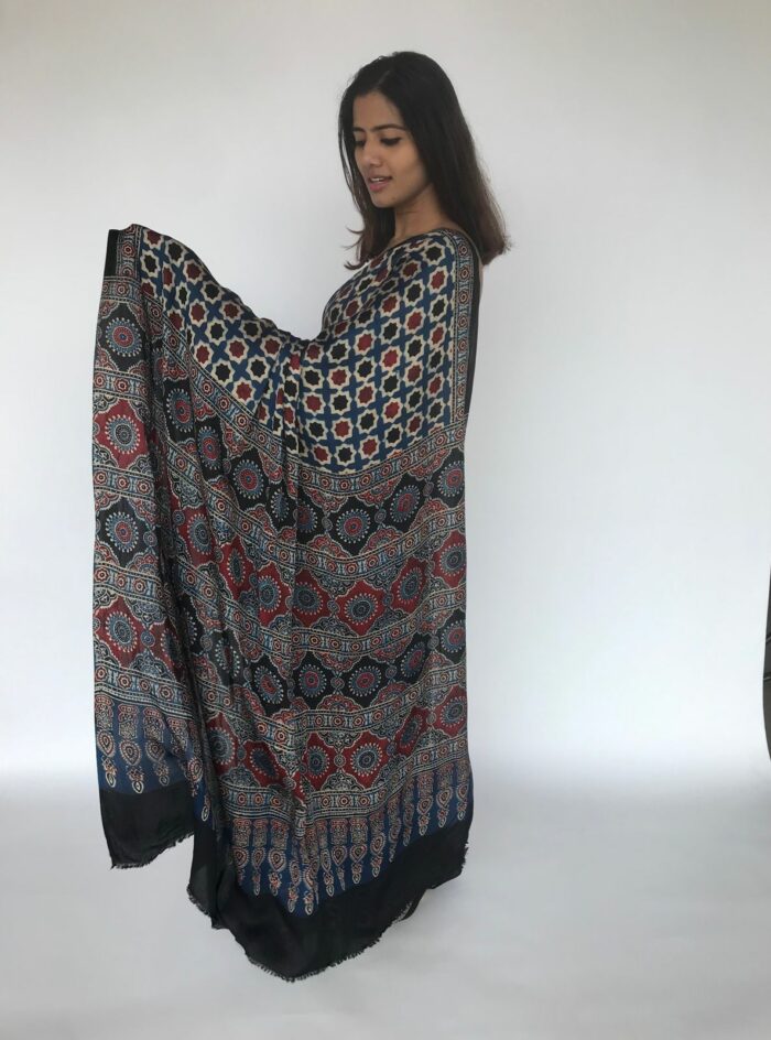 Blue Pure Modal Silk Saree with Ajrakh Hand Block Prints