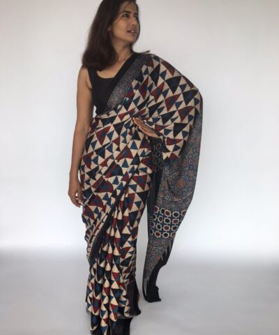 Multicolored Pure Modal Silk Saree with Ajrakh Hand Block Prints