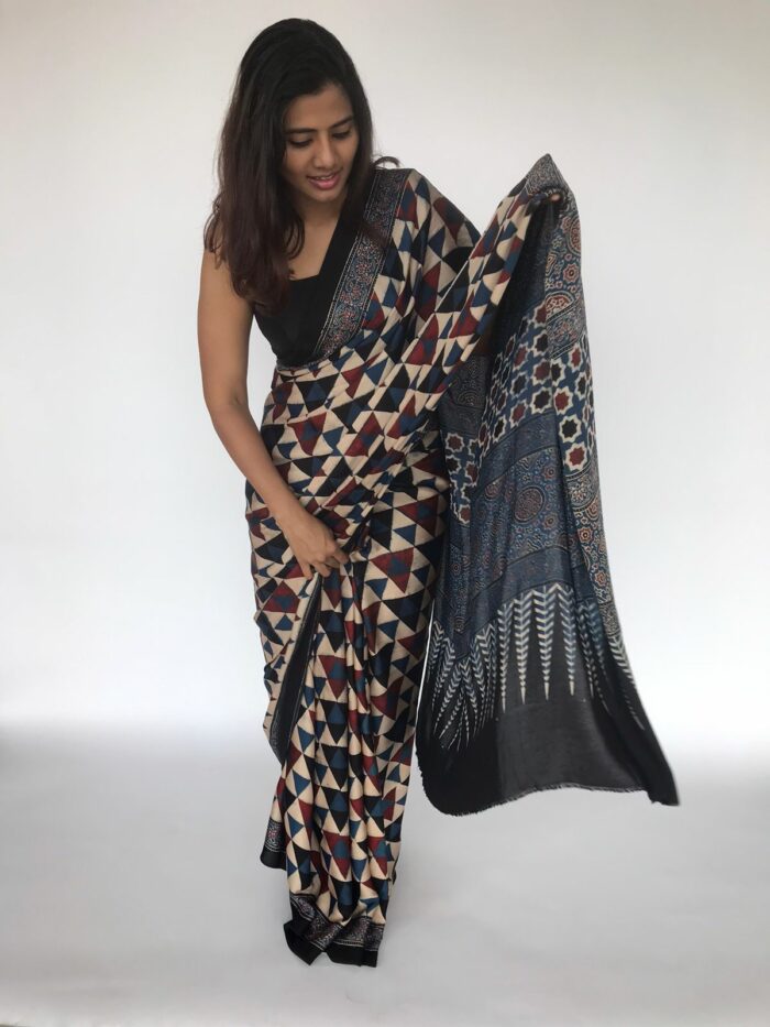 Multicolored Pure Modal Silk Saree with Ajrakh Hand Block Prints