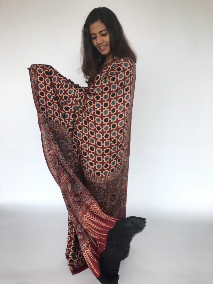 Brick Red Pure Modal Silk Saree with Ajrakh Hand Block Prints