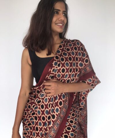 Brick Red Pure Modal Silk Saree with Ajrakh Hand Block Prints