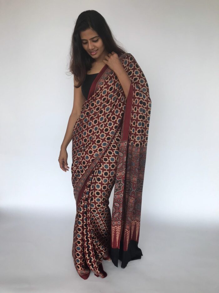 Brick Red Pure Modal Silk Saree with Ajrakh Hand Block Prints