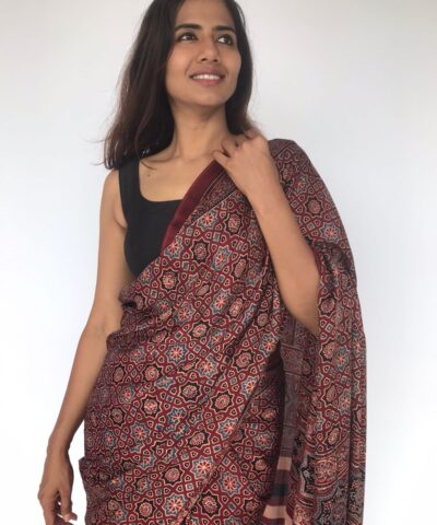 Maroon Pure Modal Silk Saree with Ajrakh Hand Block Prints