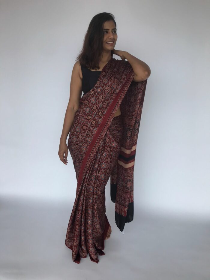 Maroon Pure Modal Silk Saree with Ajrakh Hand Block Prints