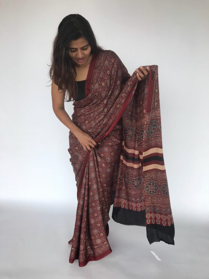 Maroon Pure Modal Silk Saree with Ajrakh Hand Block Prints