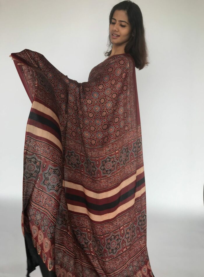 Maroon Pure Modal Silk Saree with Ajrakh Hand Block Prints