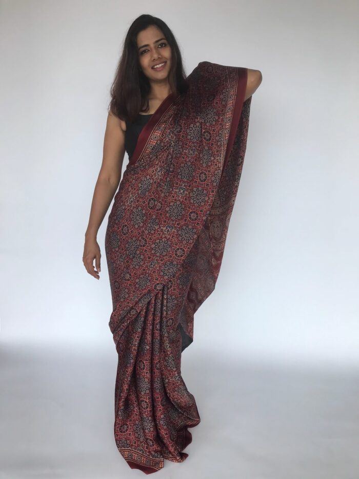 Maroon Pure Modal Silk Saree with Ajrakh Hand Block Prints