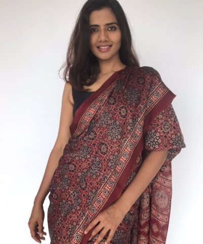 Maroon Pure Modal Silk Saree with Ajrakh Hand Block Prints