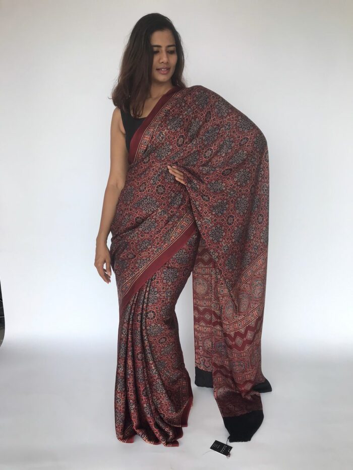 Maroon Pure Modal Silk Saree with Ajrakh Hand Block Prints