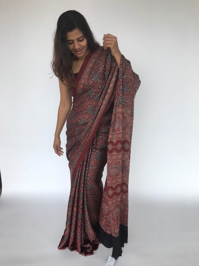 Maroon Pure Modal Silk Saree with Ajrakh Hand Block Prints