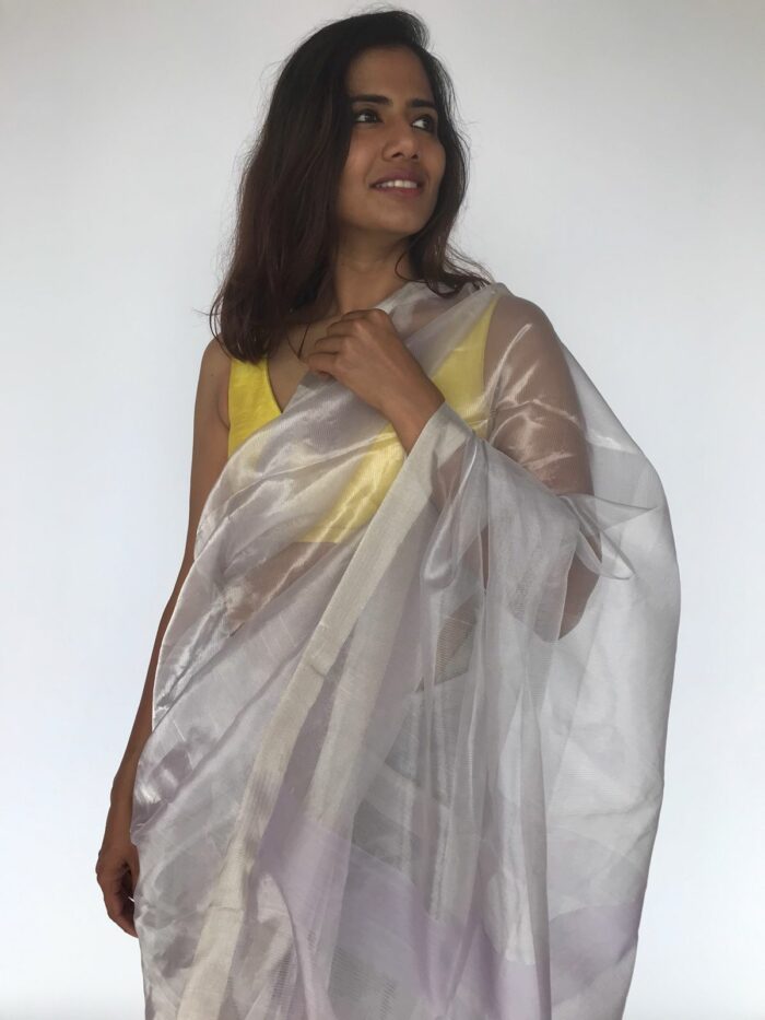 Pale Lilac Handwoven Tissue Silk Saree with Silver Zari Edging