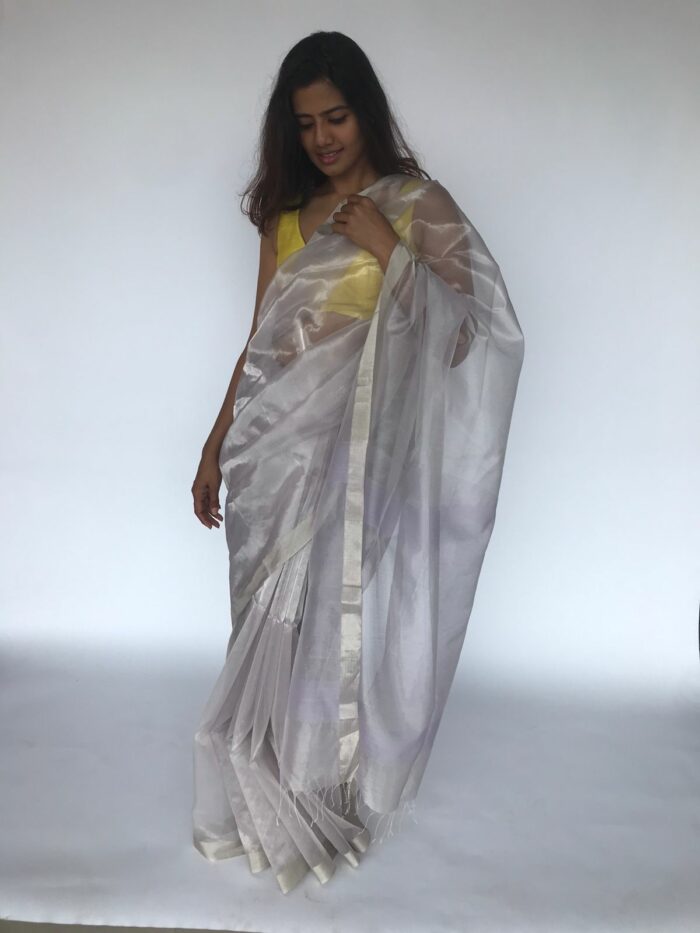 Pale Lilac Handwoven Tissue Silk Saree with Silver Zari Edging