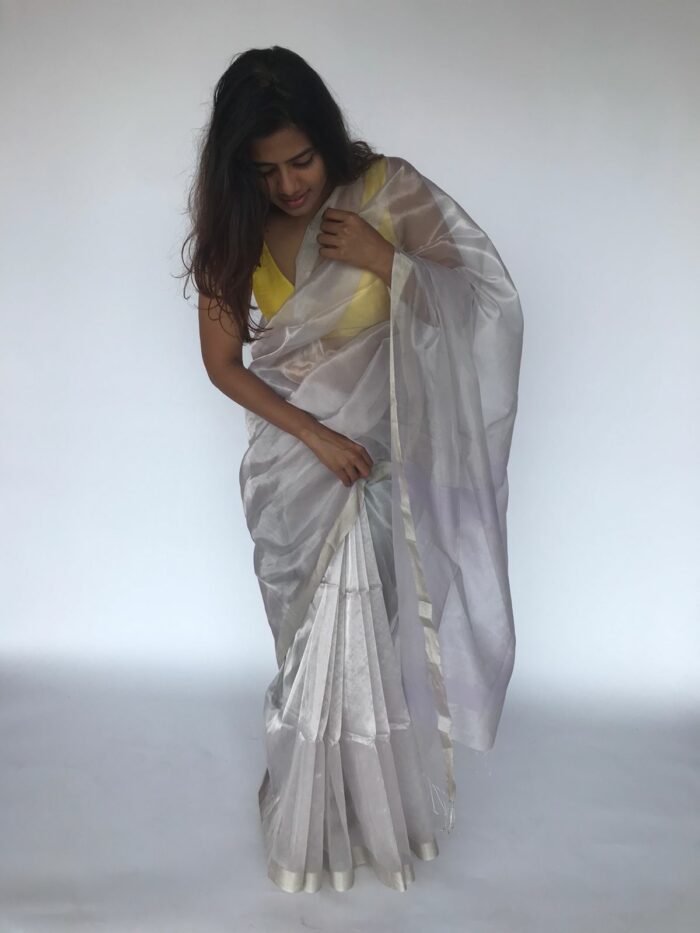 Pale Lilac Tissue Silk Saree with Silver Zari Edging