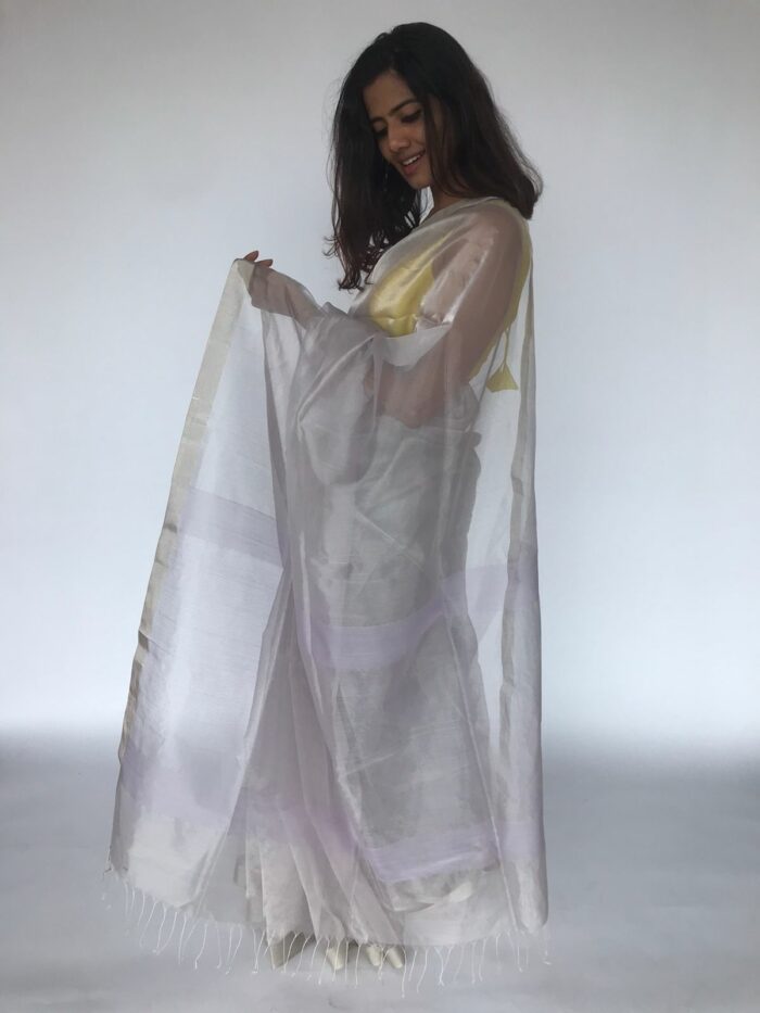 Pale Lilac Handwoven Tissue Silk Saree with Silver Zari Edging