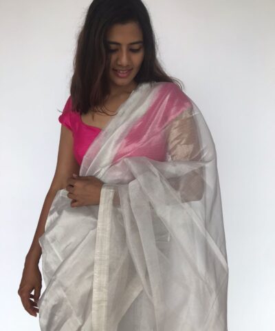 Snow White Handwoven Tissue Silk Saree with Silver Zari Edging