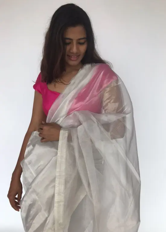Snow White Handwoven Tissue Silk Saree with Silver Zari Edging