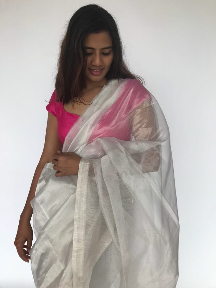 Snow White Handwoven Tissue Silk Saree with Silver Zari Edging