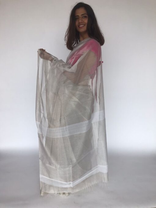 Snow White Handwoven Tissue Silk Saree with Silver Zari Edging