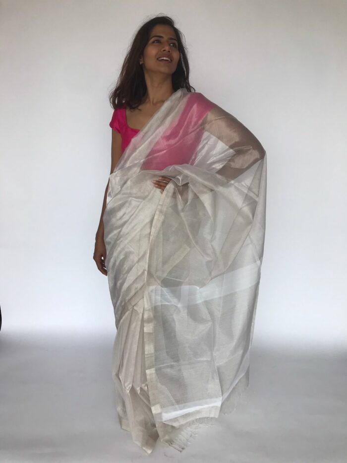 Snow White Tissue Silk Saree with Silver Zari Edging