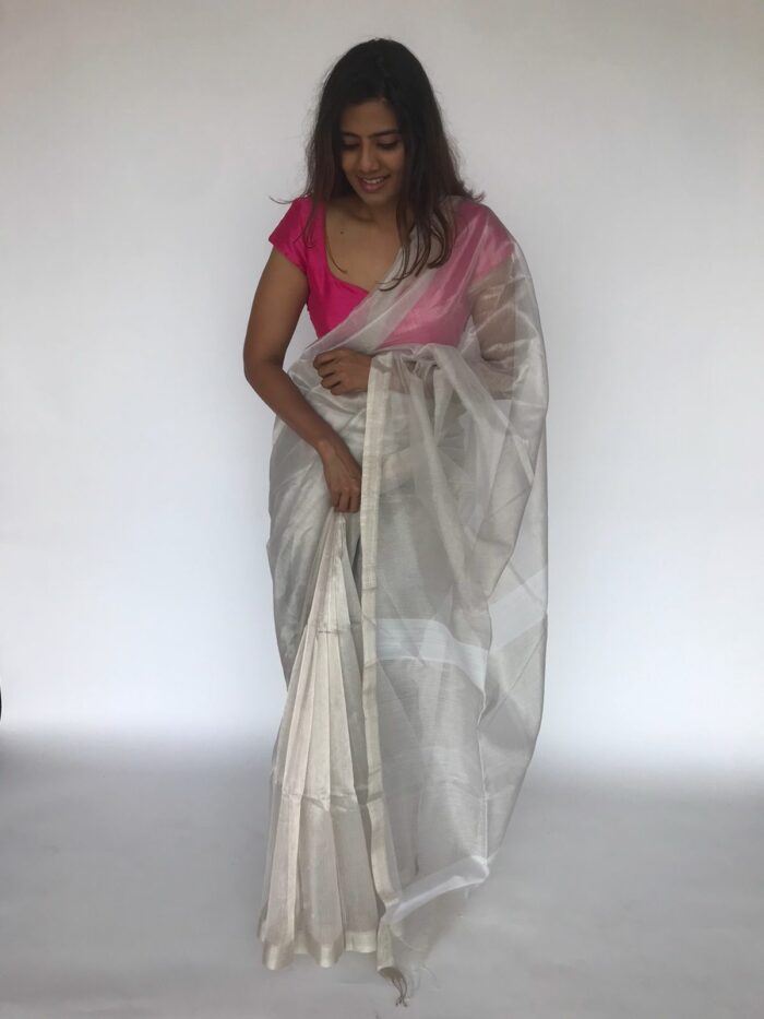 Snow White Handwoven Tissue Silk Saree with Silver Zari Edging