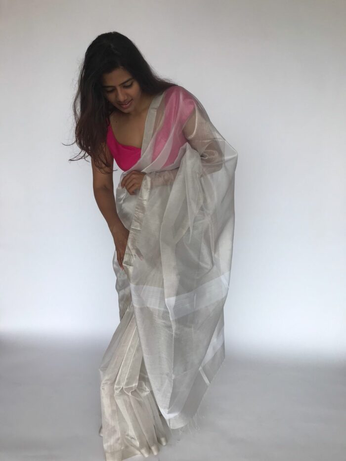 Snow White Handwoven Tissue Silk Saree with Silver Zari Edging