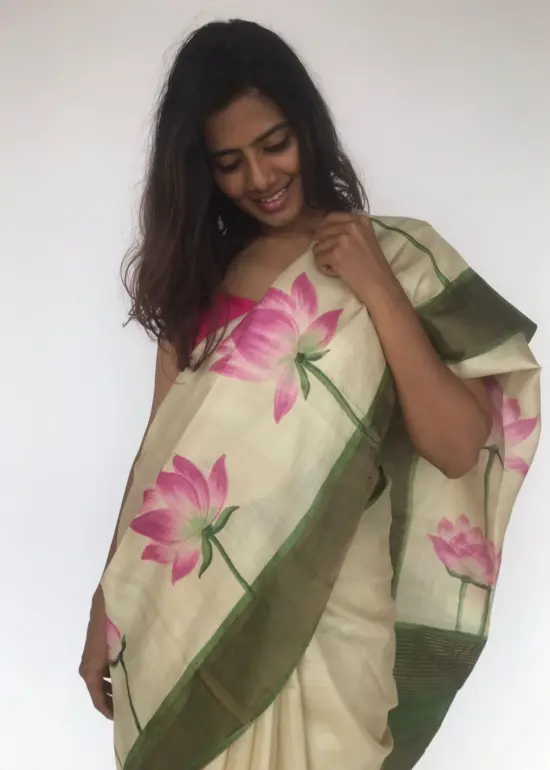 Ivory Handpainted Pure Tussar Silk Saree