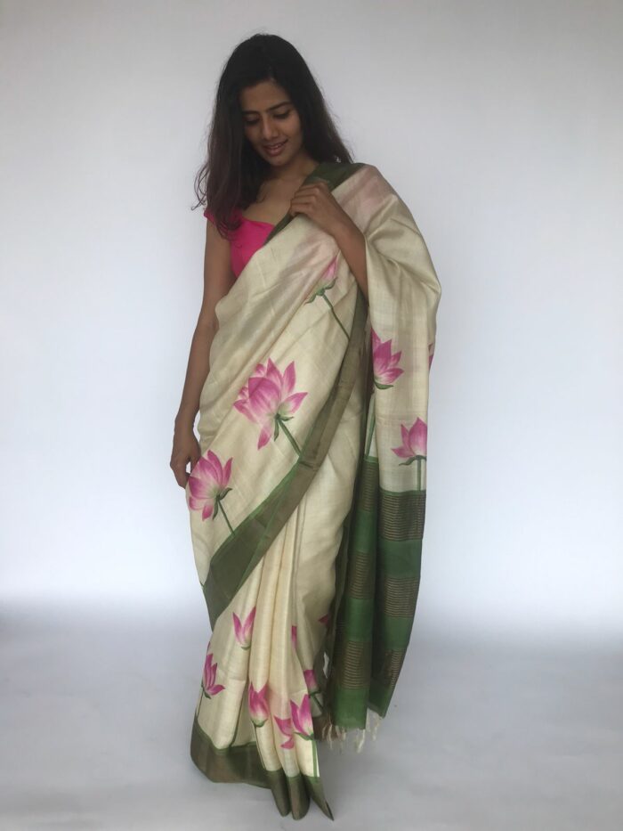 Ivory Handpainted Pure Tussar Silk Saree