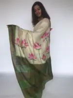Ivory Handpainted Pure Tussar Silk Saree