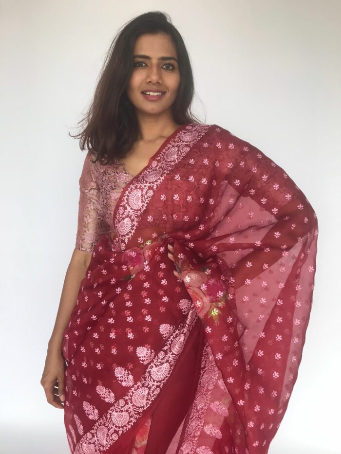Maroon Organza Silk Saree with Embroidery
