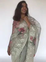 Sea Green Embroidered Pure Organza Silk Saree