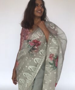 Sea Green Embroidered Pure Organza Silk Saree