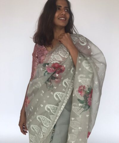 Sea Green Embroidered Pure Organza Silk Saree