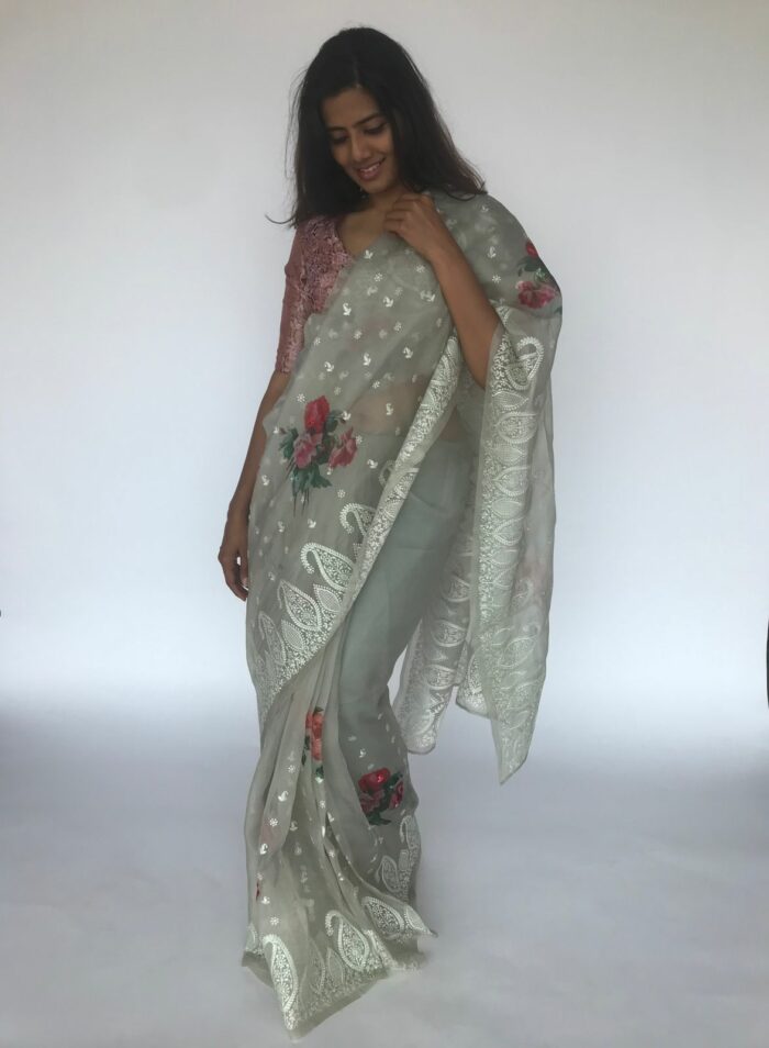 Sea Green Embroidered Pure Organza Silk Saree