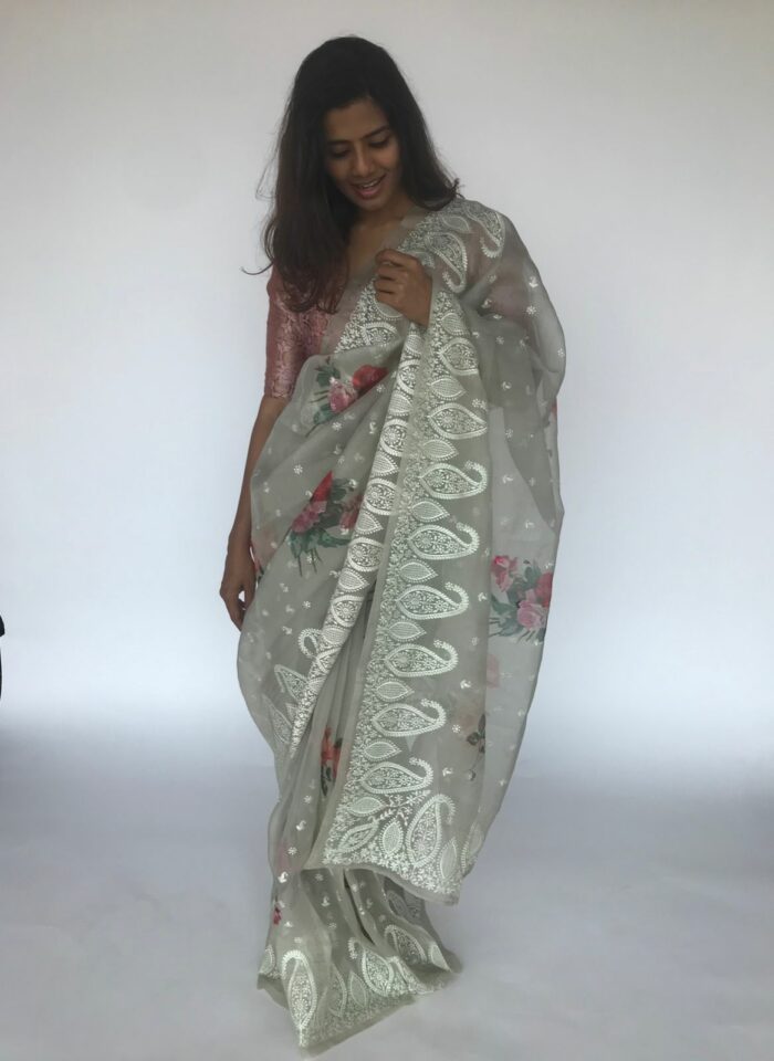 Sea Green Embroidered Pure Organza Silk Saree