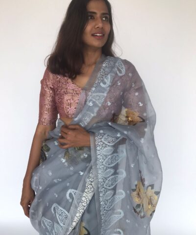 Pure Ice Blue Organza Silk Saree with Embroidery
