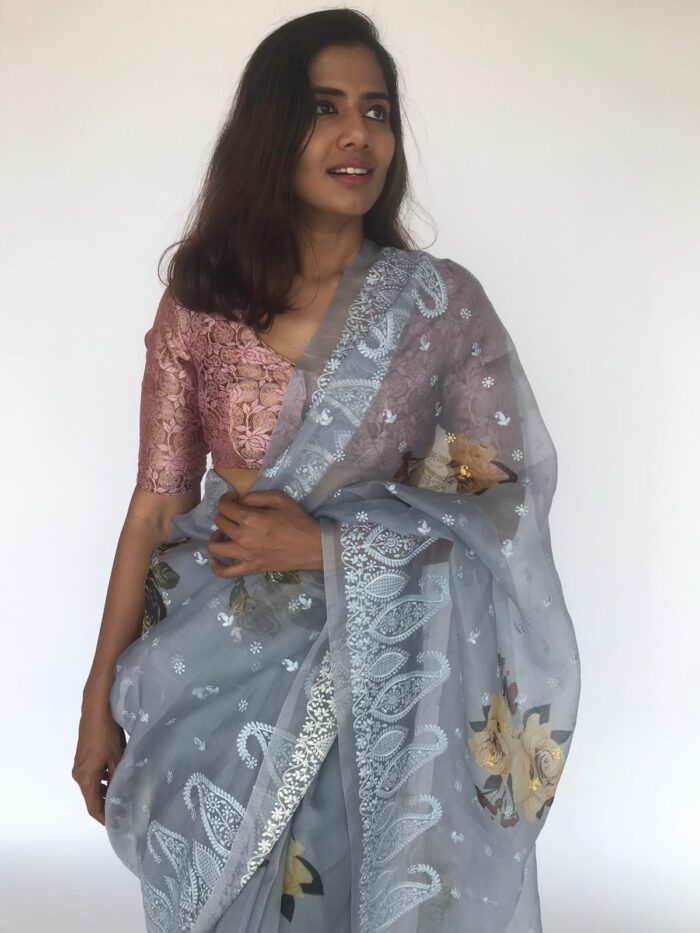 Pure Ice Blue Organza Silk Saree with Embroidery