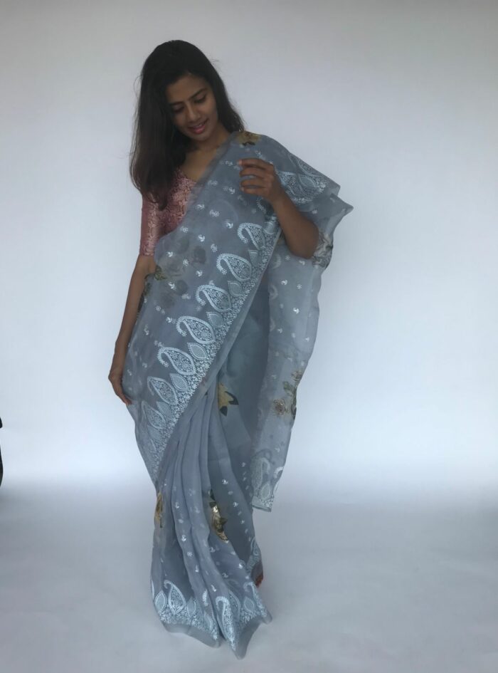 Ice Blue Embroidered Pure Organza Silk Saree