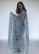 Ice Blue Embroidered Pure Organza Silk Saree