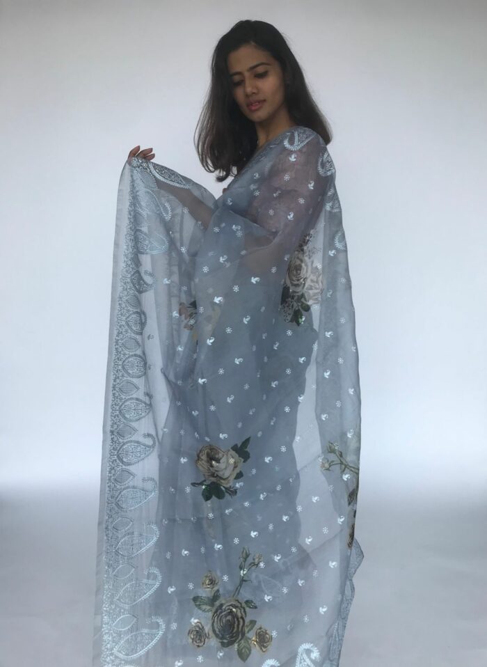 Ice Blue Embroidered Pure Organza Silk Saree