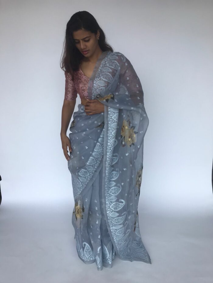 Ice Blue Embroidered Pure Organza Silk Saree