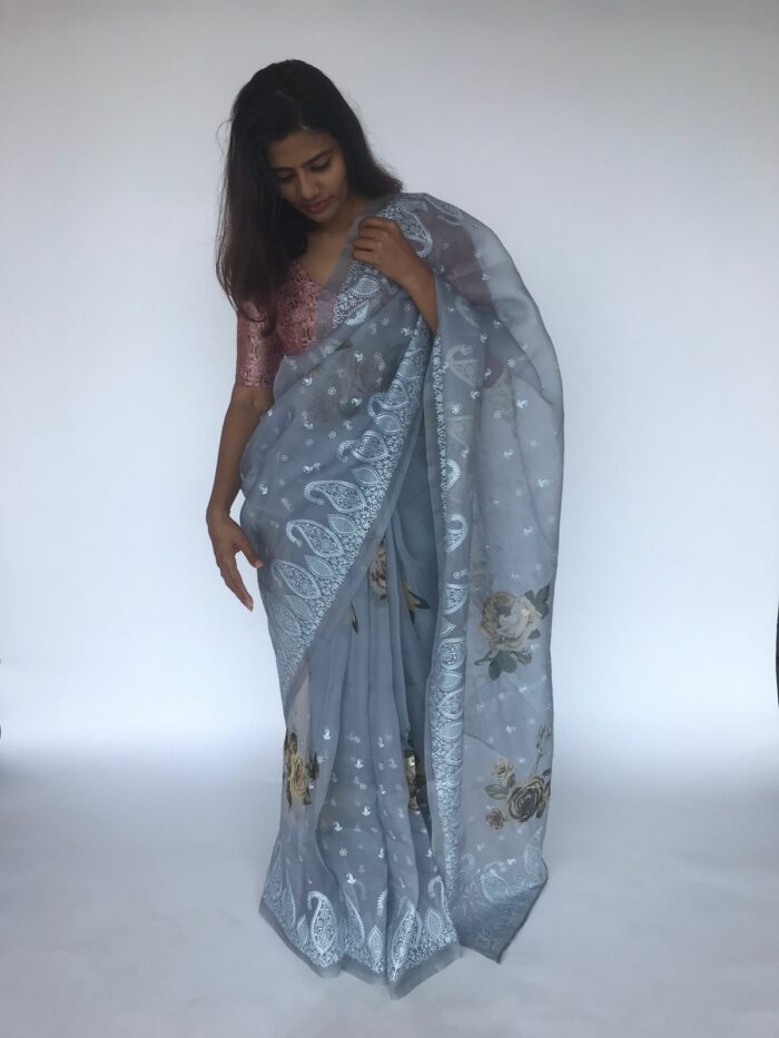 Ice Blue Embroidered Pure Organza Silk Saree