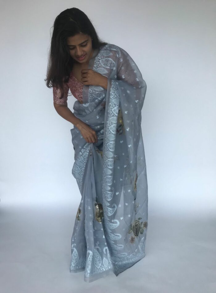 Ice Blue Embroidered Pure Organza Silk Saree