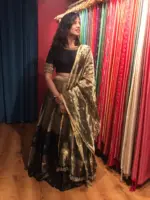 Black Silk Lehenga with contrast border adorned with zari motifs - Image 2
