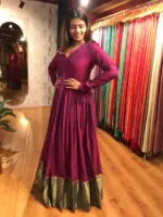 Magenta Cotton Ethnic Dress highlighted with Kanchi Silk Border - Image 5