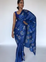 Royal Blue Embroidered Tussar Silk Saree - Image 3