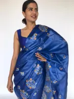 Royal Blue Embroidered Tussar Silk Saree